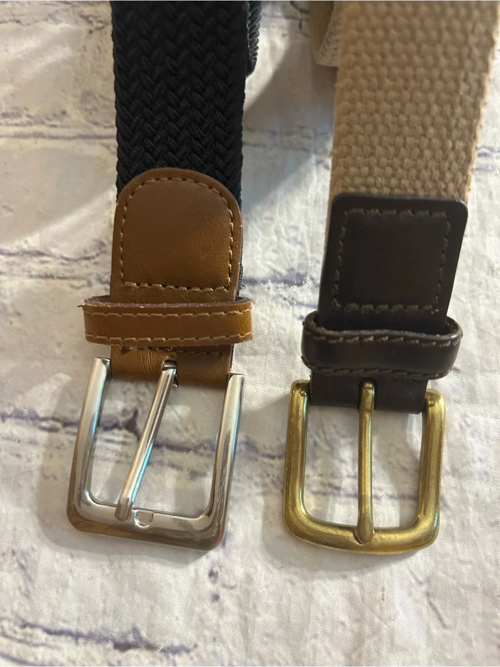 BROOKS LEATHER BRASS BUCKLE TAN WEB BELT SIZE 38 & BLACK STRETCH BROWN BELT 36